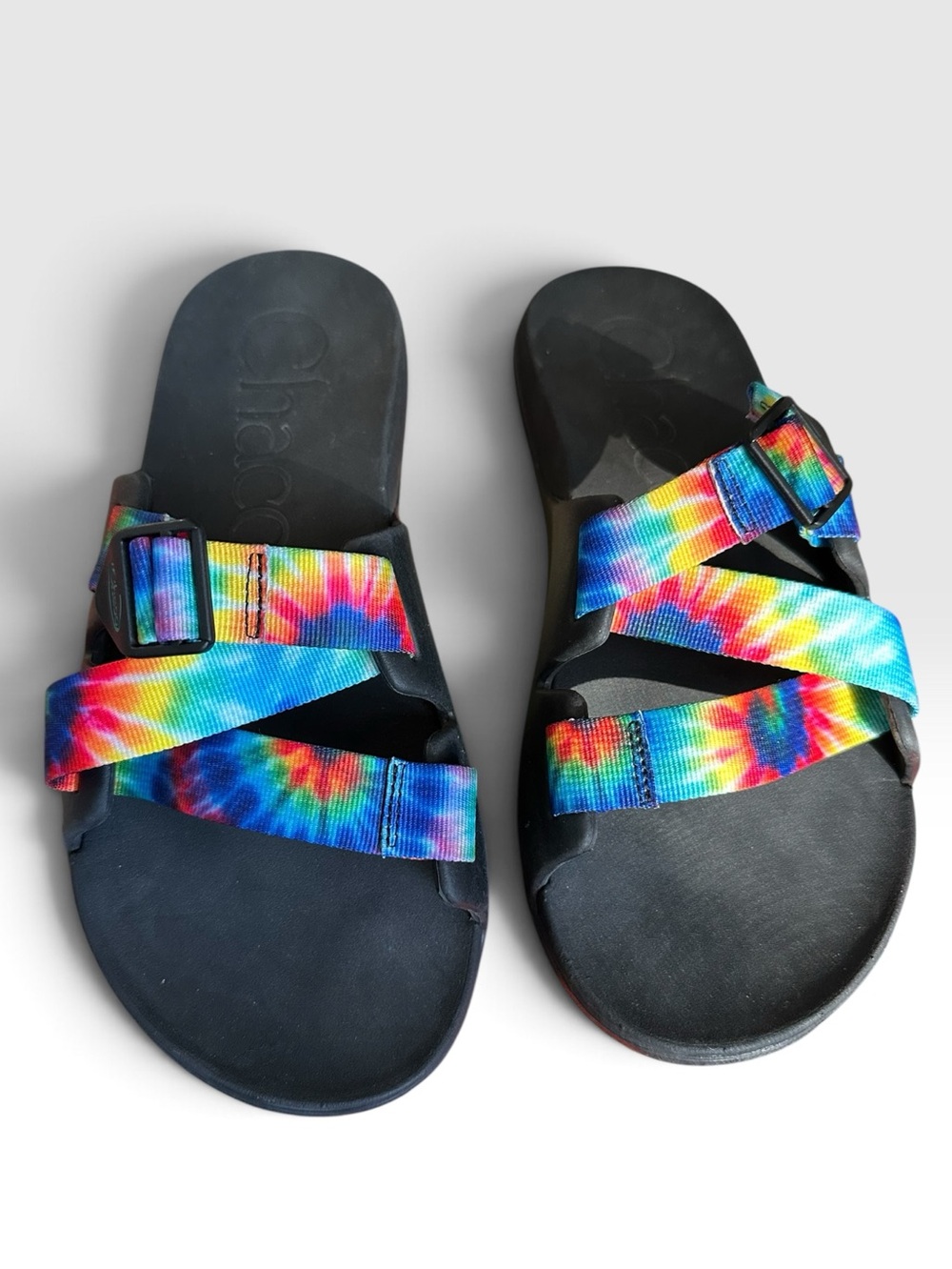 Chaco Chillos Tie-Dye Rainbow Strap Slide Sandals Men’s size 10 slip on CLEAN